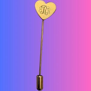 Vintage Heart Shaped Monogrammed Stick Pin Brooch Gold R Monogram